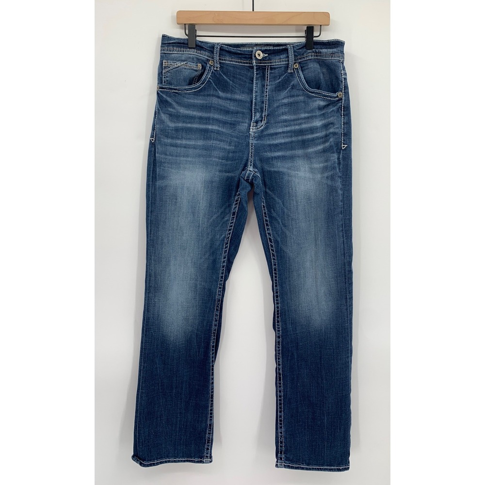 BKE Tyler Jeans Mens 34R Blue Straight Leg Fade Stitching Distressed Denim Pants